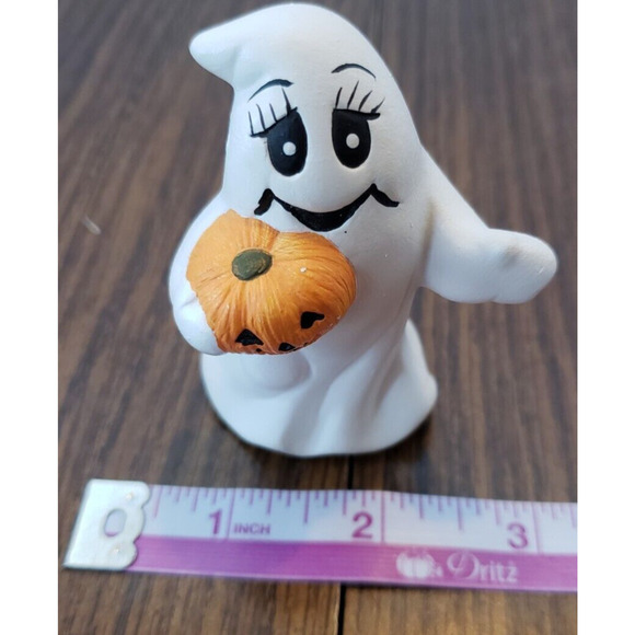 Halloween Small Ceramic 4 inch Smiling Ghost With Pumpkin Figure - Picture 6 of 7